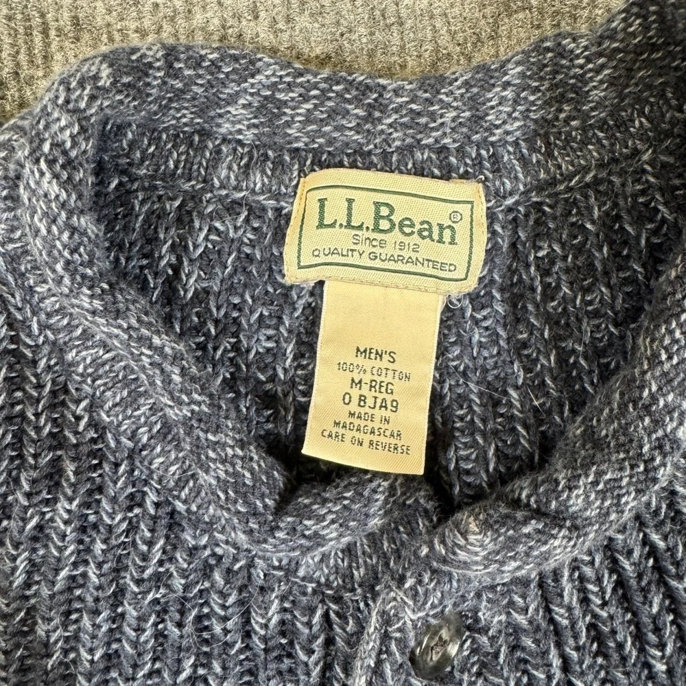 LL Bean Mens Henley Sweater Blue Marled Cotton Knit Pullover 0BJA9 Medium Reg